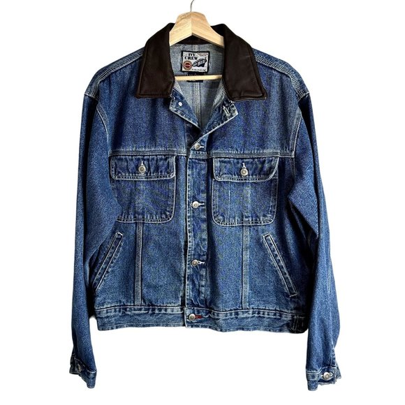 Ivy Crew Other - Vintage Ivy Crew Unisex Denim Jacket Size L Brown Leather Collar 90s Y2K Jean